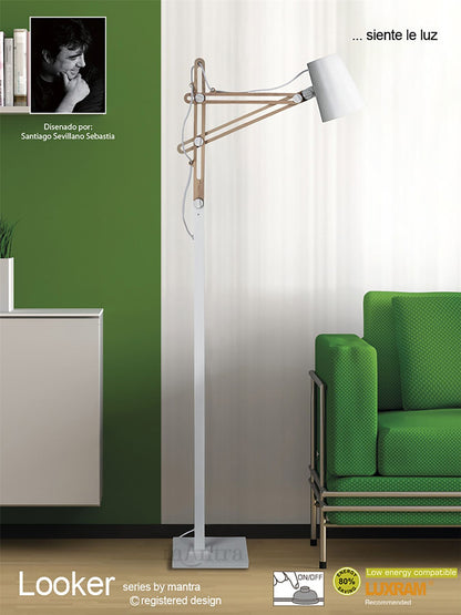 Mantra M3774 Looker Floor Lamp 1 Light E27, Matt White/Beech