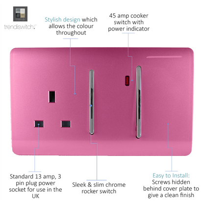 Trendi Artistic Modern Glossy 45 A Cooker Switch & Plug Socket Inc Neon Insert Pink