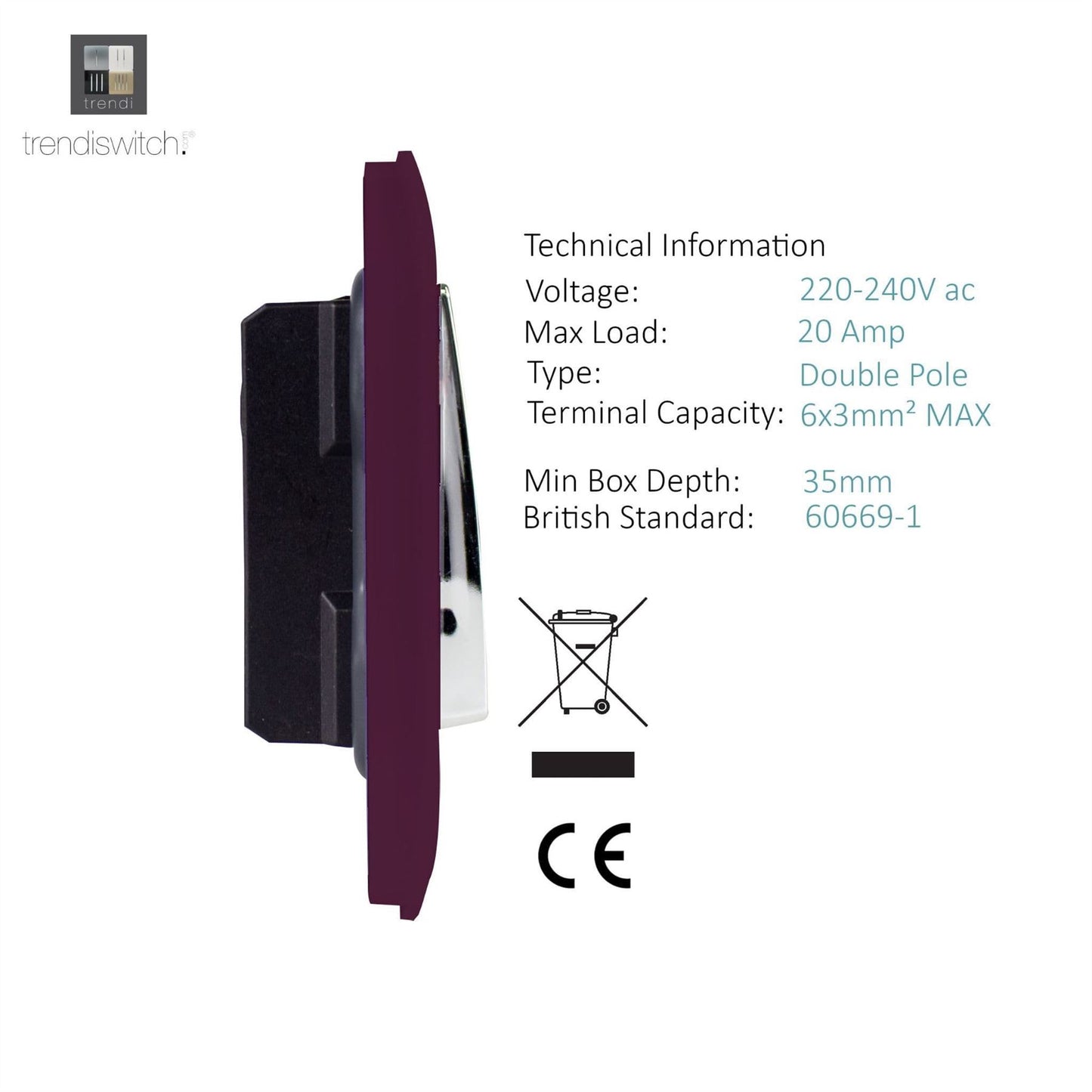 Trendi Artistic Modern Glossy 20 A Tactile Light Switch & Neon Insert Plum