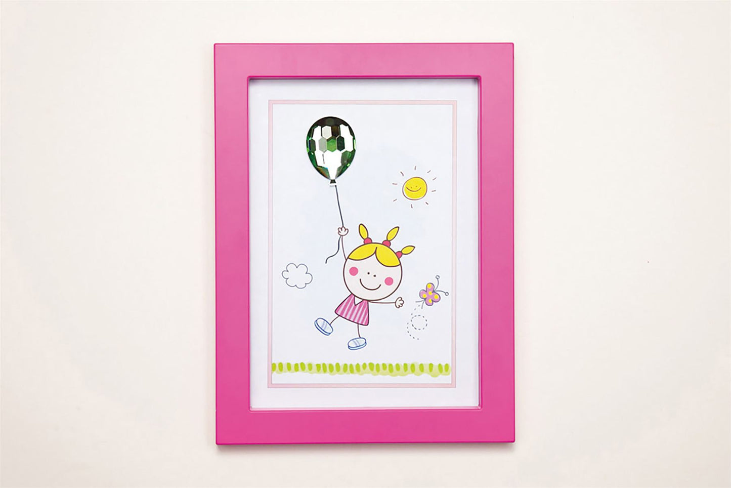 Diyas Home Crystal Wall Art (DH) Bambino Girl with Balloon, Pink Frame Green Crystal Framed