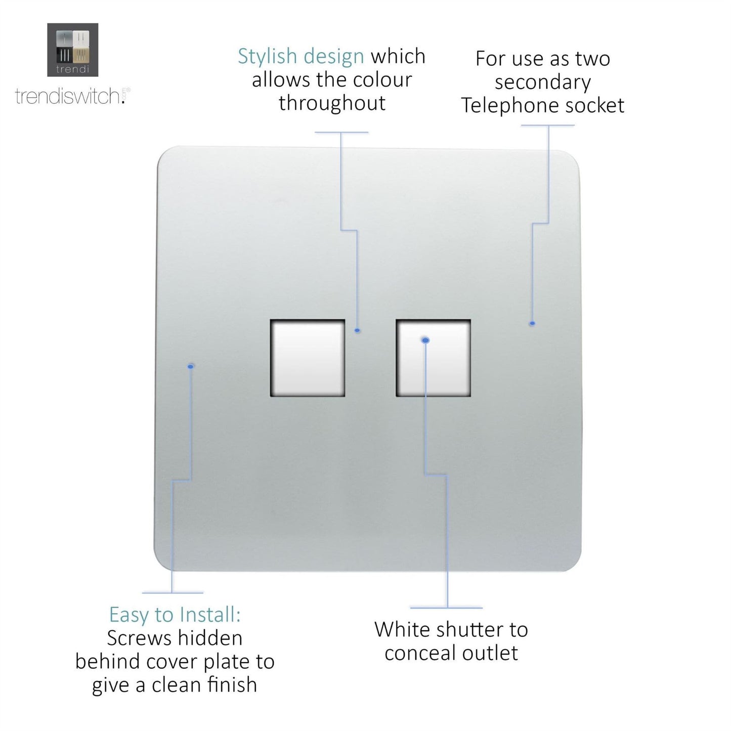 Trendi Artistic Modern Glossy Tactile 2 Gang Telephone Socket Silver ART-2TLPSI