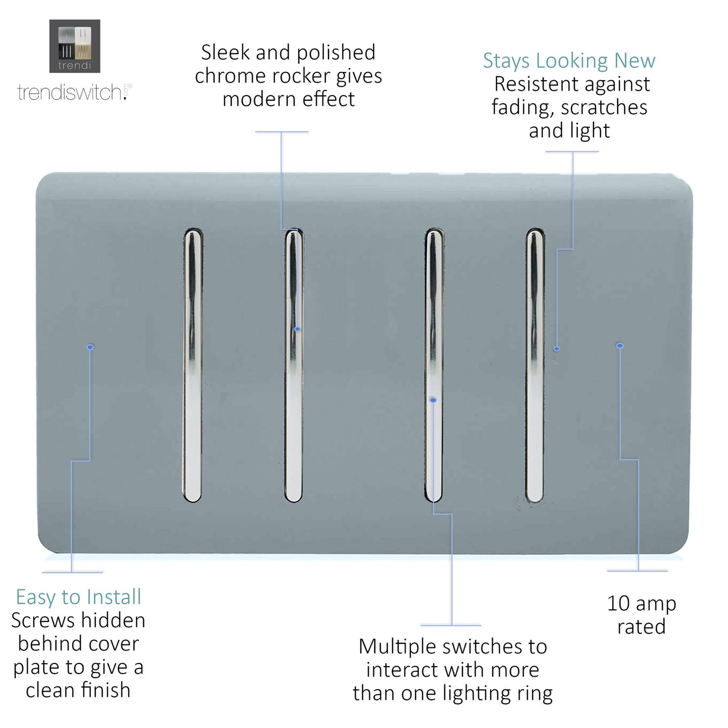 Trendi Artistic Modern Glossy 4 Gang 2 Way Rocker Double Plate Tactile Light Switch Cool Grey
