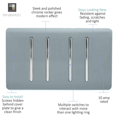 Trendi Artistic Modern Glossy 4 Gang 2 Way Rocker Double Plate Tactile Light Switch Cool Grey
