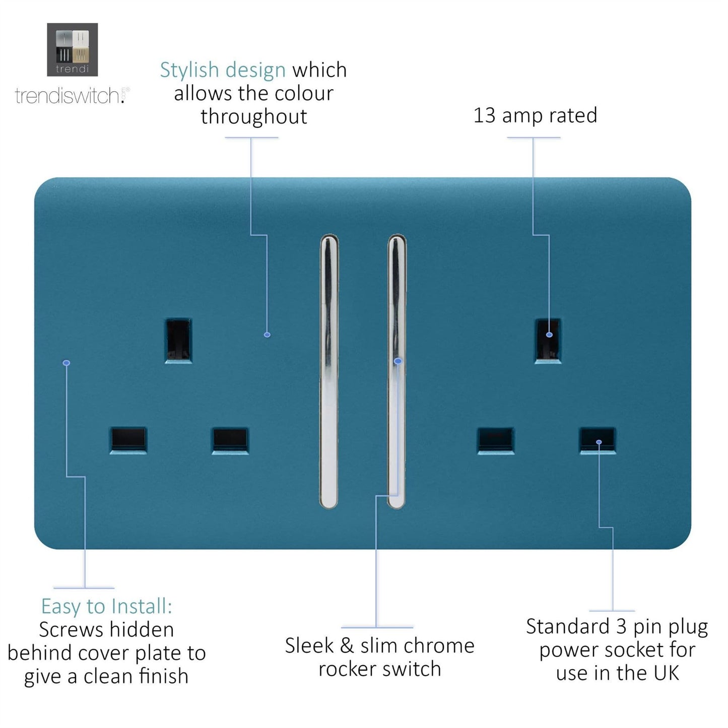 Trendi 2 Gang Raised Artistic Modern Glossy Screwless 13 Amp Single Pole with Chrome Switched UK Standard Electrical Double Wall Plug Socket in Ocean Blue - ART-SKT213LOB