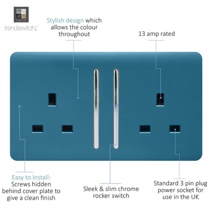 Trendi 2 Gang Raised Artistic Modern Glossy Screwless 13 Amp Single Pole with Chrome Switched UK Standard Electrical Double Wall Plug Socket in Ocean Blue - ART-SKT213LOB