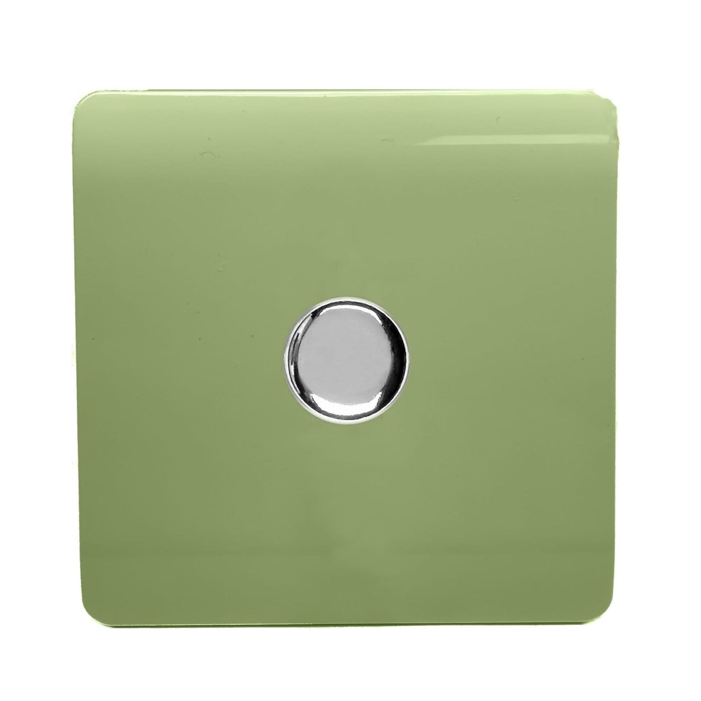 Trendi 1 Gang 2 Way 240V 100w LED Dimmer Screwless Raised Front Plate Plastic Artistic Modern Glossy 10 Amp Chrome Single Electrical Wall Light Switch in Moss Green - ART-LDMMG
