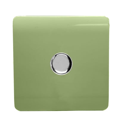Trendi 1 Gang 2 Way 240V 100w LED Dimmer Screwless Raised Front Plate Plastic Artistic Modern Glossy 10 Amp Chrome Single Electrical Wall Light Switch in Moss Green - ART-LDMMG