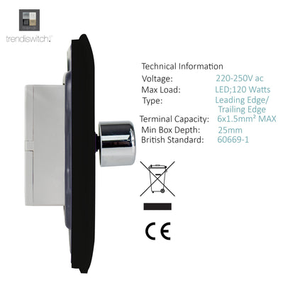 Trendi 1 Gang 2 Way 240V 100w LED Dimmer Screwless Raised Front Plate Plastic Artistic Modern Glossy 10 Amp Chrome Single Electrical Wall Light Switch in Carbon Fibre  - ART-LDMCF