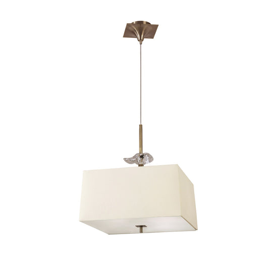 Mantra Akira Square Pendant 4 Light E27, Antique Brass/Frosted Glass with Cream Shade