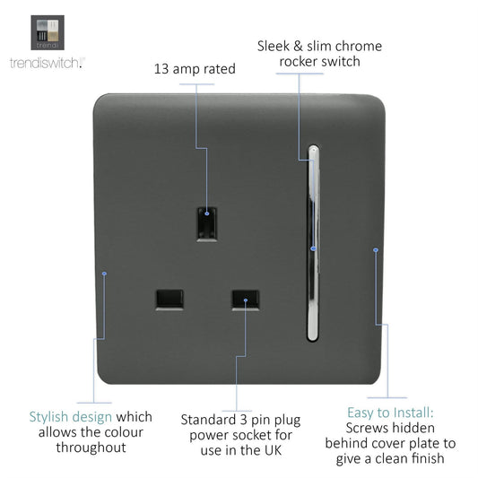 Trendi 1 Gang Artistic Modern Glossy 13 Amp Switched Tactile Plug Socket Charcoal