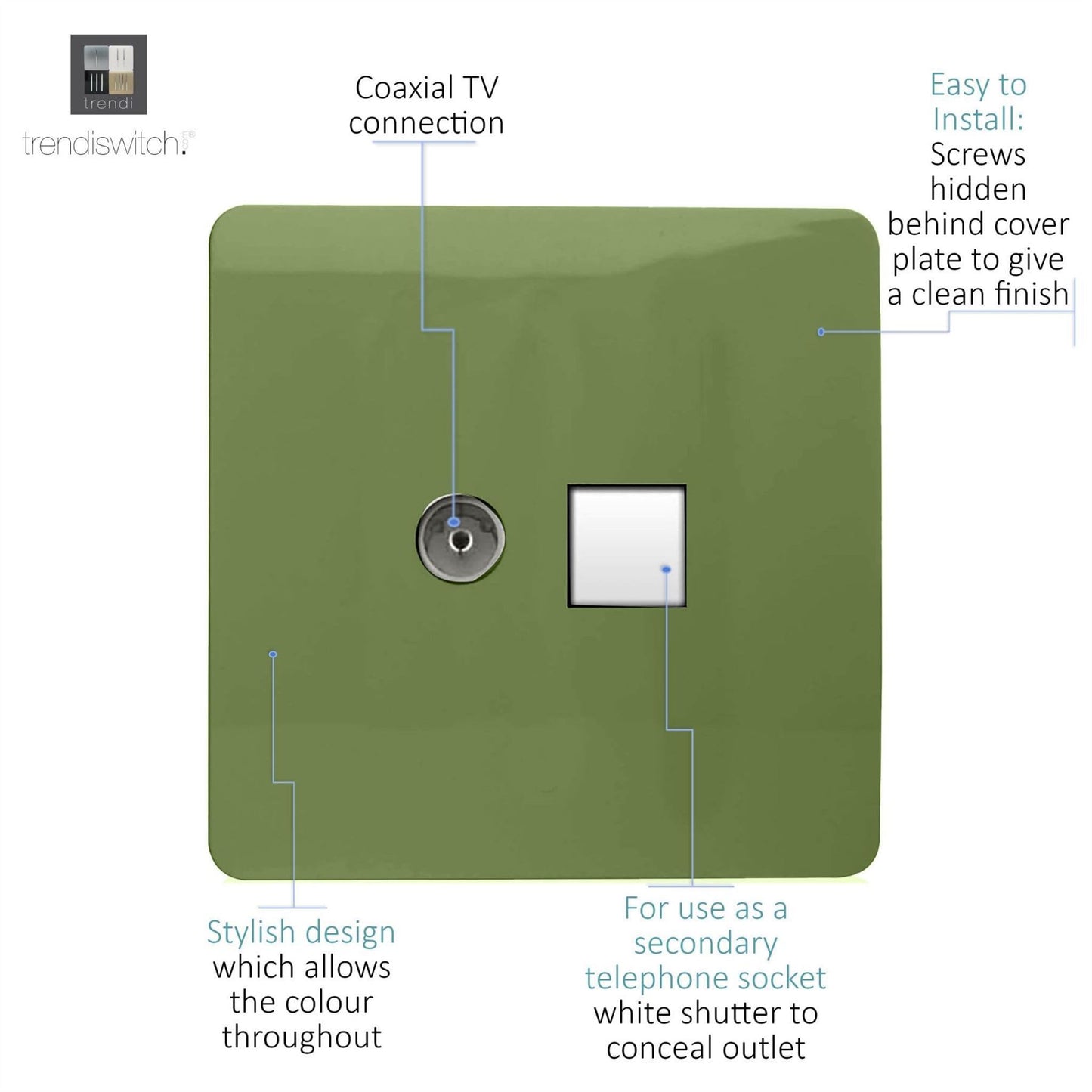 Trendi Artistic Modern Glossy Tactile TV Co-axial Socket + Telephone Socket Moss Green