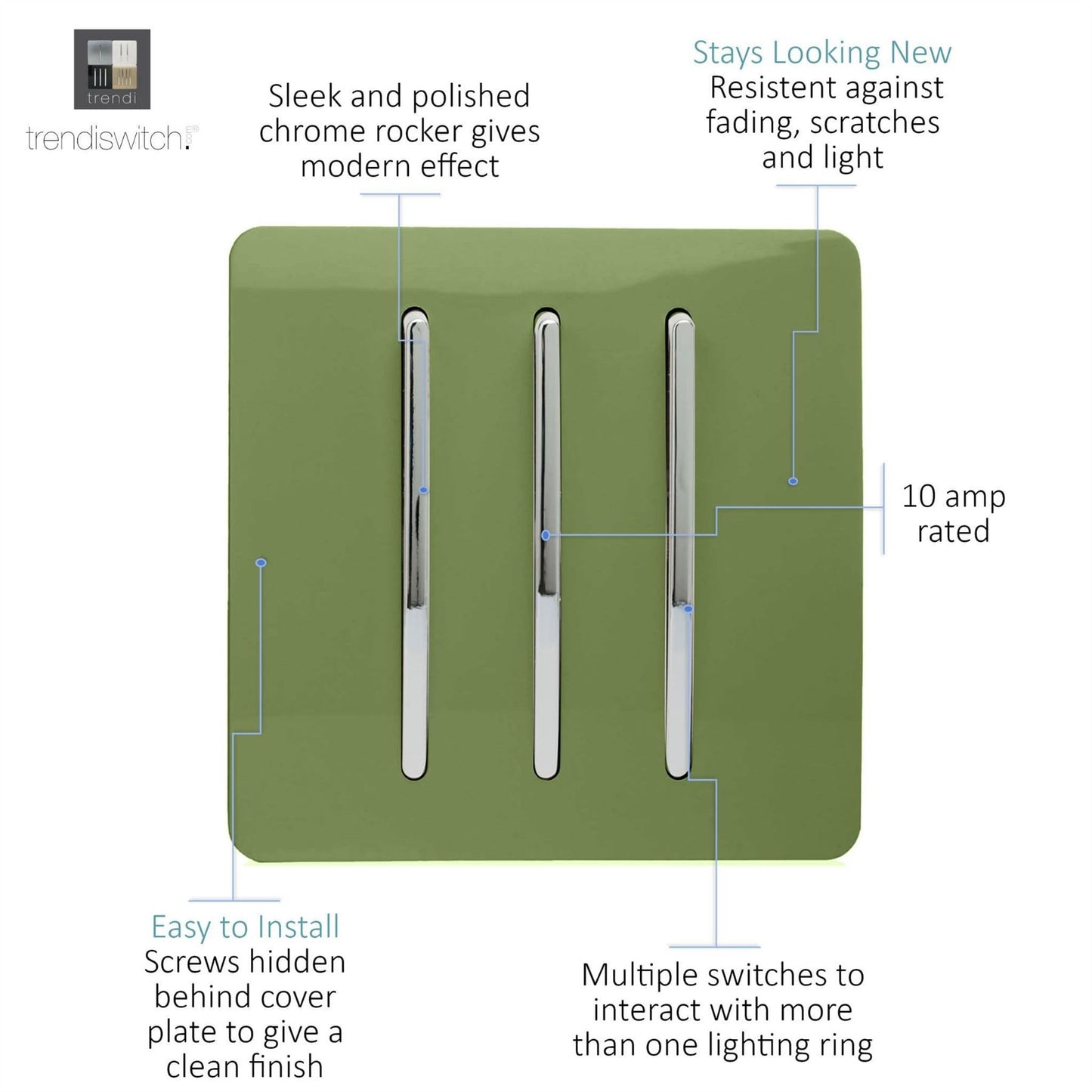 Trendi 3 Gang 2 Way Artistic Modern Glossy 10 Amp Rocker Tactile Light Switch Moss Green
