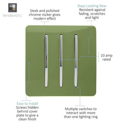Trendi 3 Gang 2 Way Artistic Modern Glossy 10 Amp Rocker Tactile Light Switch Moss Green