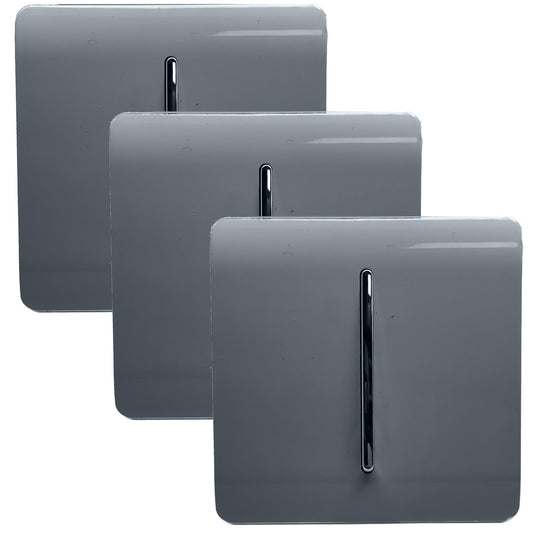 Trendi 1 Gang 2 Way 240V Screwless Artistic Modern Glossy 10 Amp Chrome Rocker Electrical Wall Light Switch in Warm Grey (3 PACK)