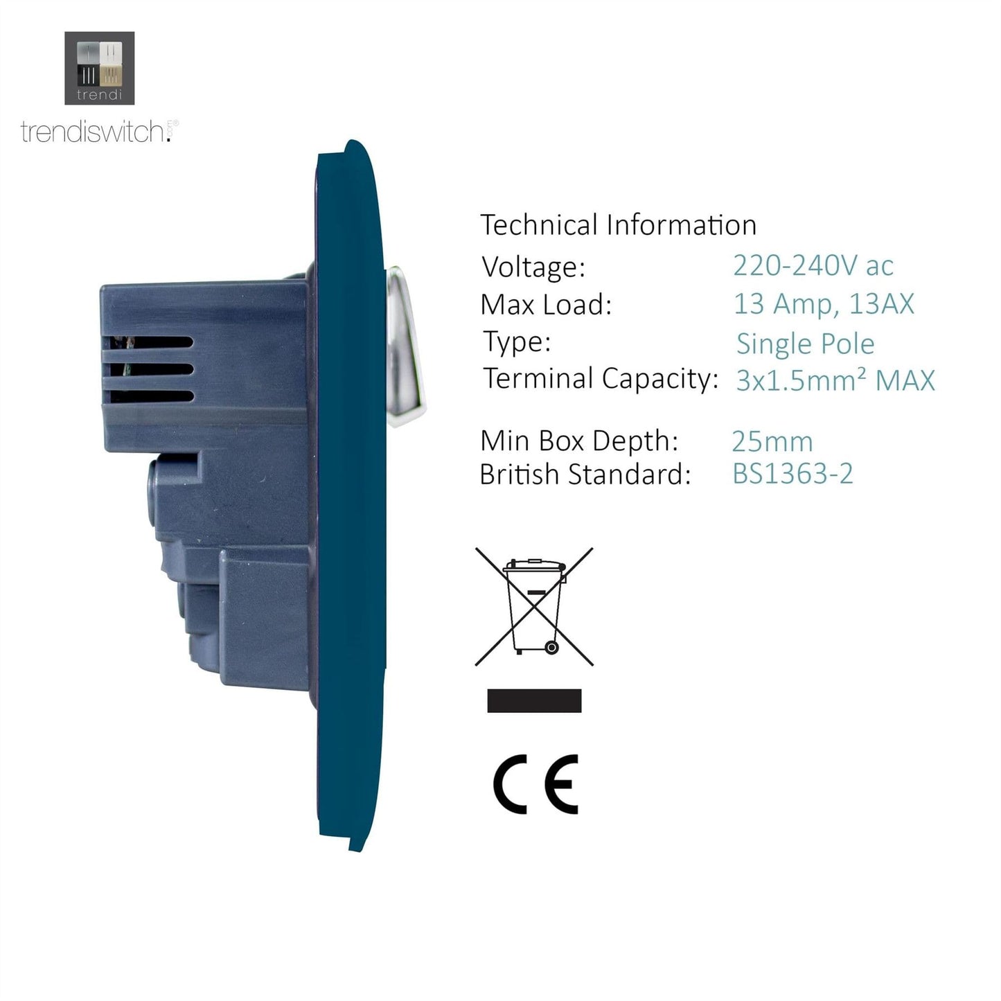 Trendi 1 Gang Artistic Modern Glossy 13 Amp 2x2.1mA USB Switched Tactile Ocean Blue