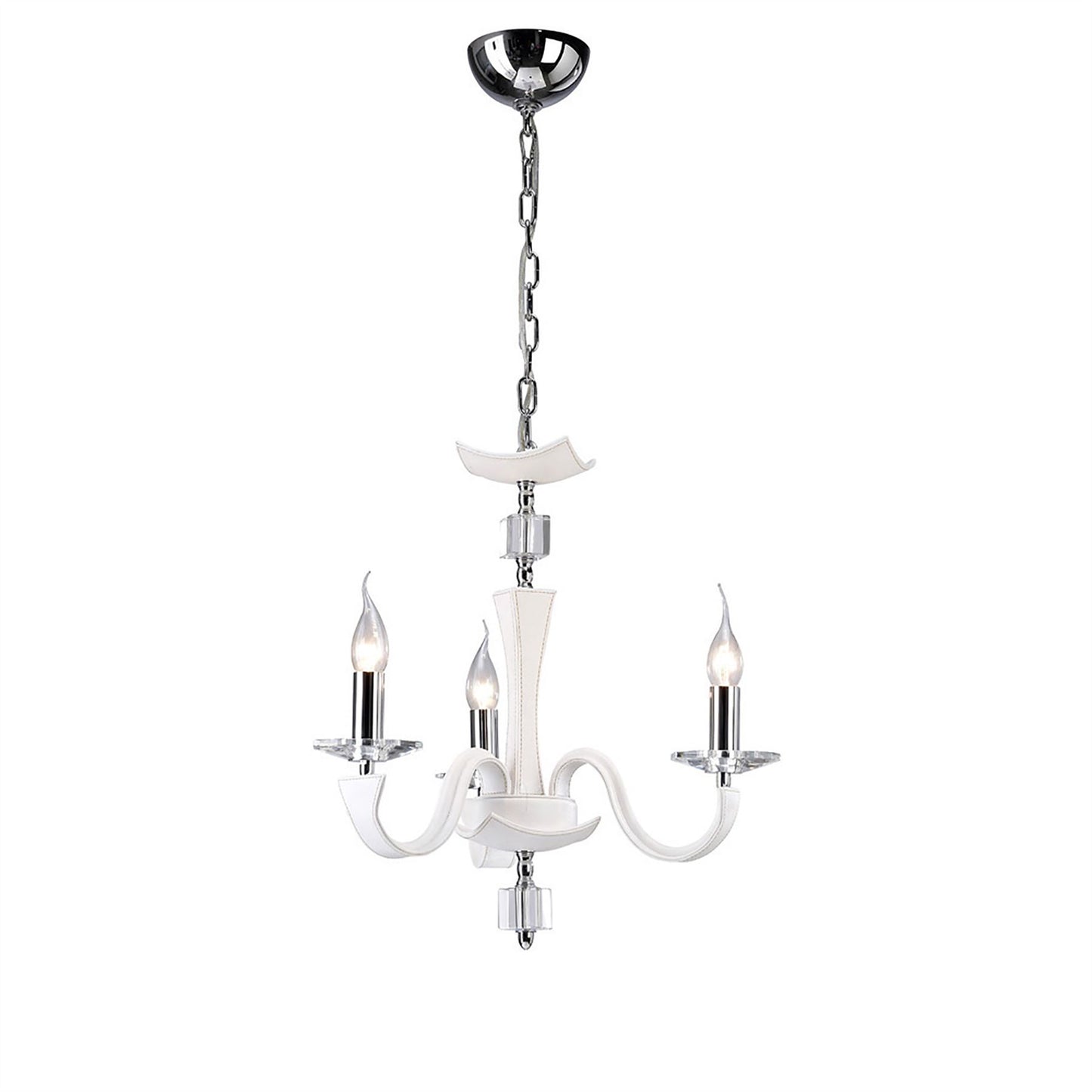 Diyas Nardini 50cm  3 Light E14 Polished Chrome/White Faux Leather/Crystal Ceiling Pendant Light Fitting