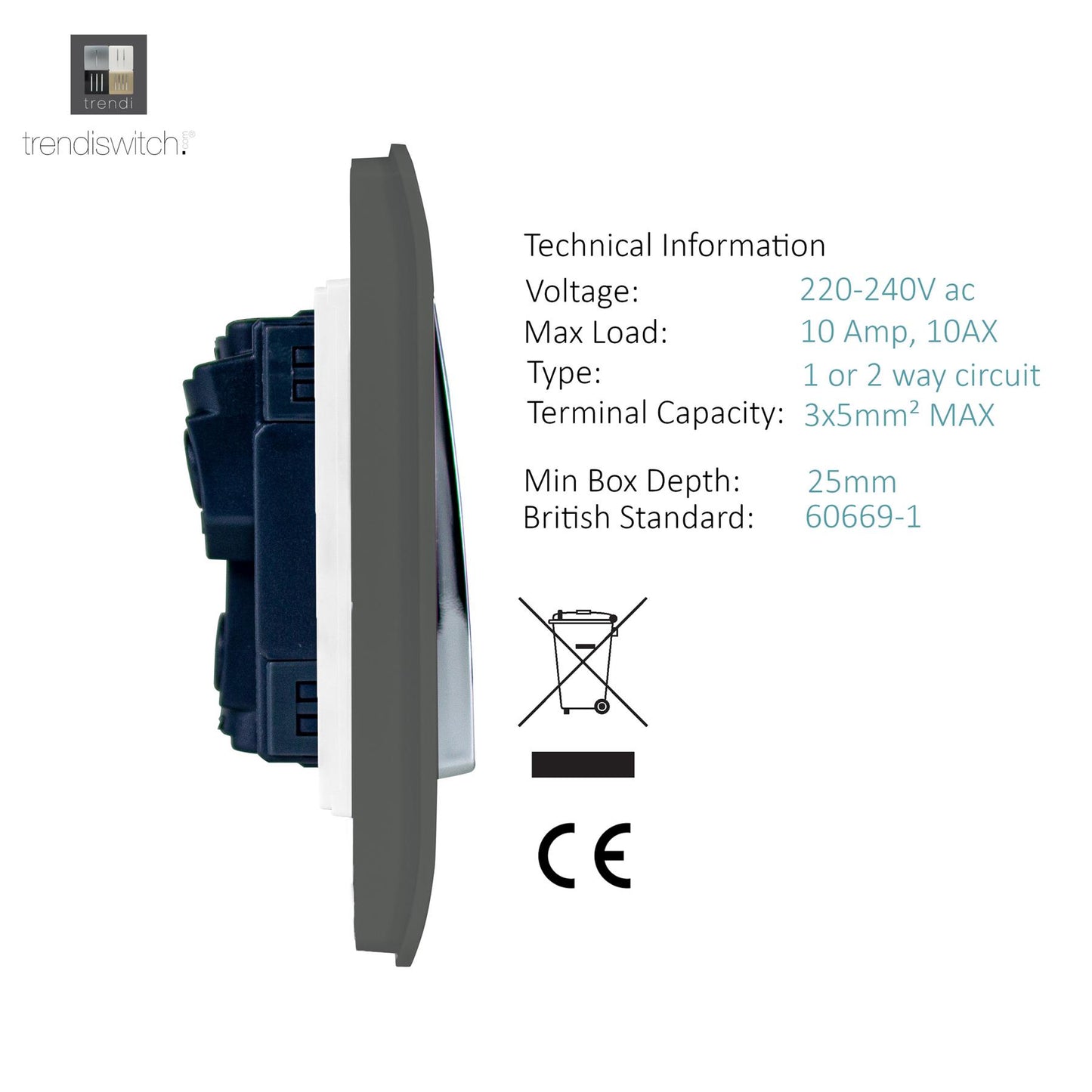 Trendi 1 Gang 2 Way 240V Screwless Artistic Modern Glossy 10 Amp Chrome Rocker Electrical Wall Light Switch in Charcoal Grey (2 PACK)