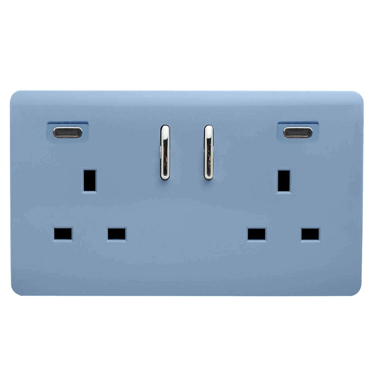 Sky Blue Screwless 2 Gang Switched Double Socket 13A With 2 x USB-C 24W (Shared), (35mm Back Box Req.), 10yrs Warranty