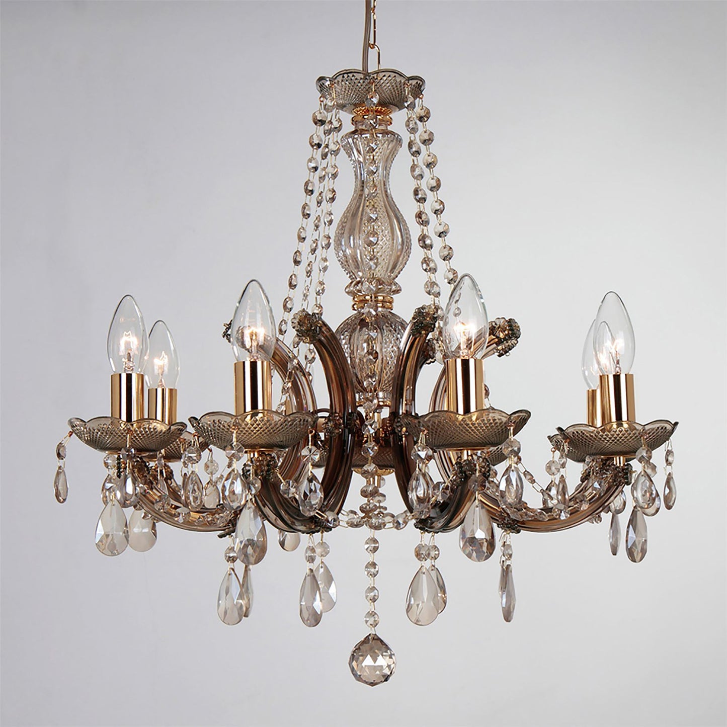 Deco Gabrielle Chandelier with Acrylic Sconce & Glass Droplets 8 Light E14 Mink Finish