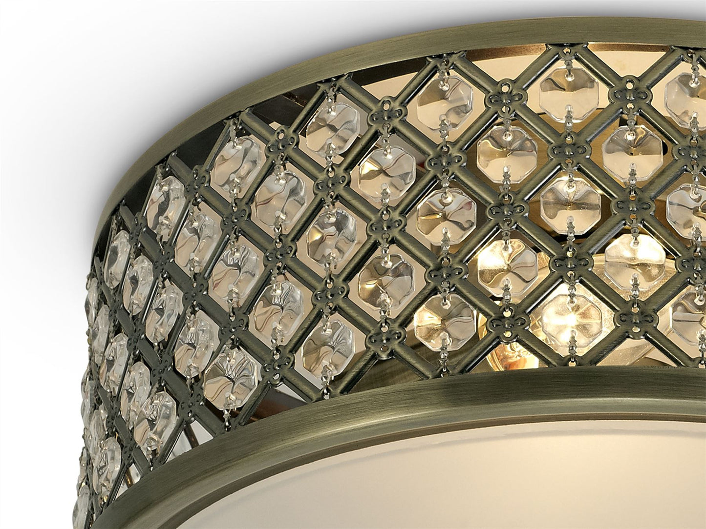 Deco Sasha 2 Light E14, Flush Ceiling Light, 300mm Round, Antique Brass with Crystal Glass and Opal Glass Diffuser