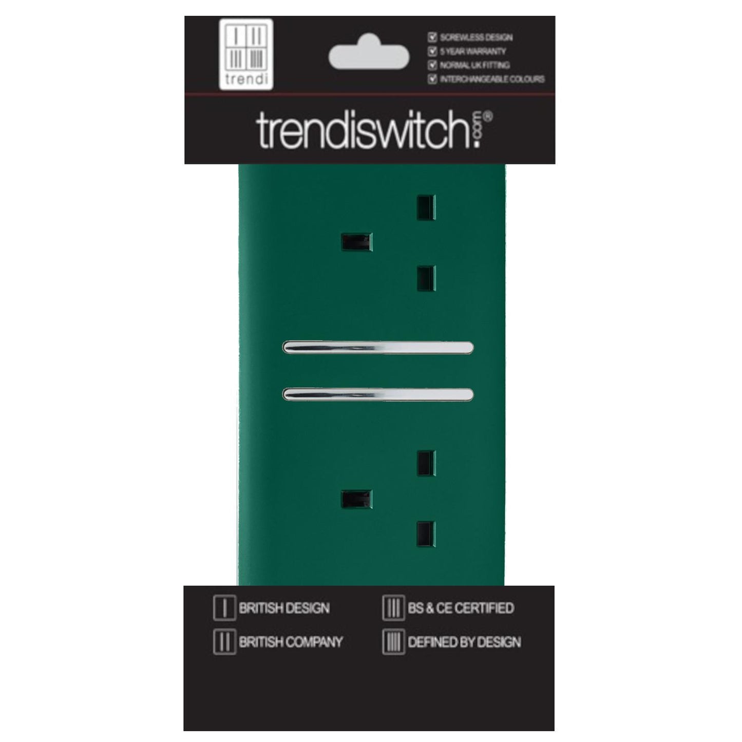 Trendi 2 Gang Artistic Modern Glossy 13 Amp Switched Plug Socket Dark Green (7 Pack)