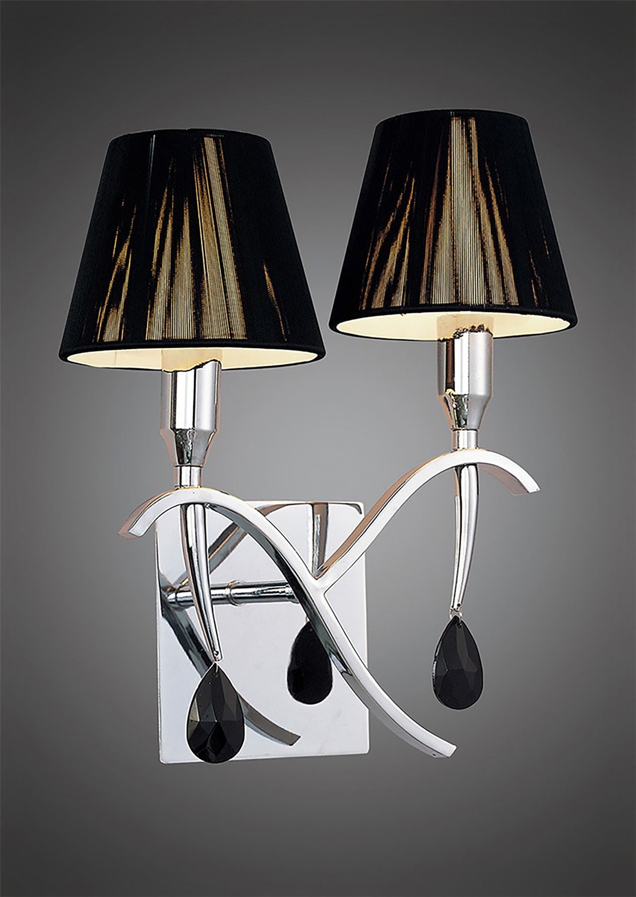Mantra Siena Wall Light Switched 2 Light E14, Polished Chrome with Black Shades and Black Crystal