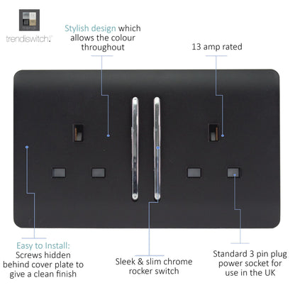 Trendi 2 Gang Artistic Modern Glossy 13 Amp Switched Tactile Plug Socket Matt Black (3 Pack)