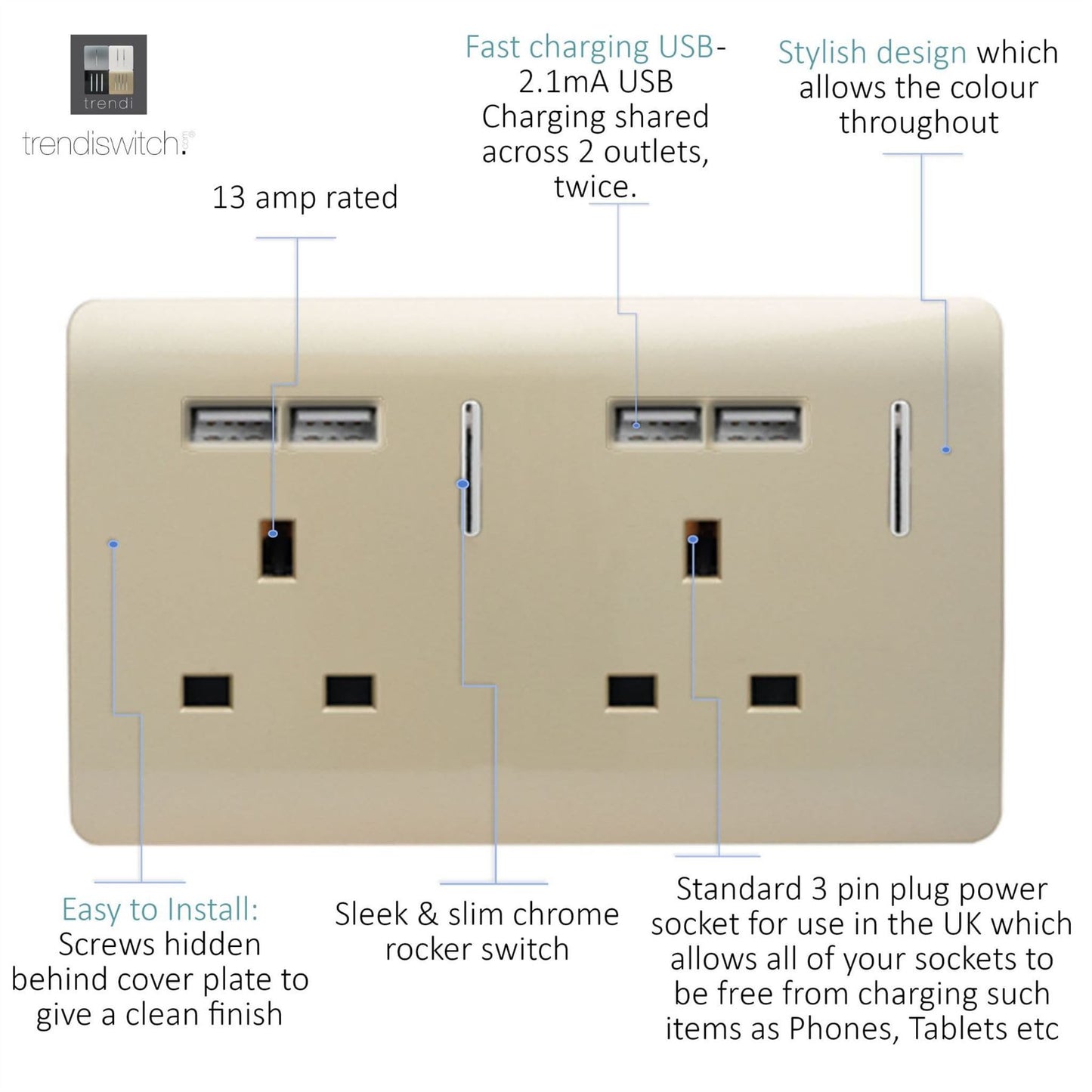 Trendi 2 Gang  13 Amp 4 x 2.1mA USB Switched Plug Socket Gold ART-SKT213USBGO