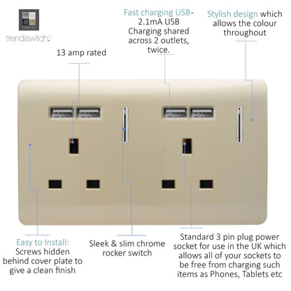 Trendi 2 Gang  13 Amp 4 x 2.1mA USB Switched Plug Socket Gold ART-SKT213USBGO