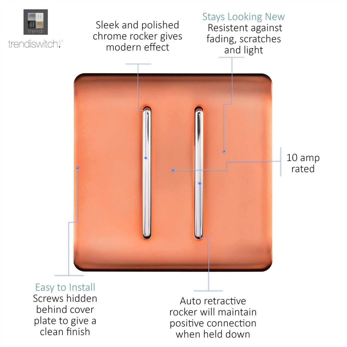 Trendi 2 Gang Artistic Modern Glossy Tactile Home Automation Switch Copper