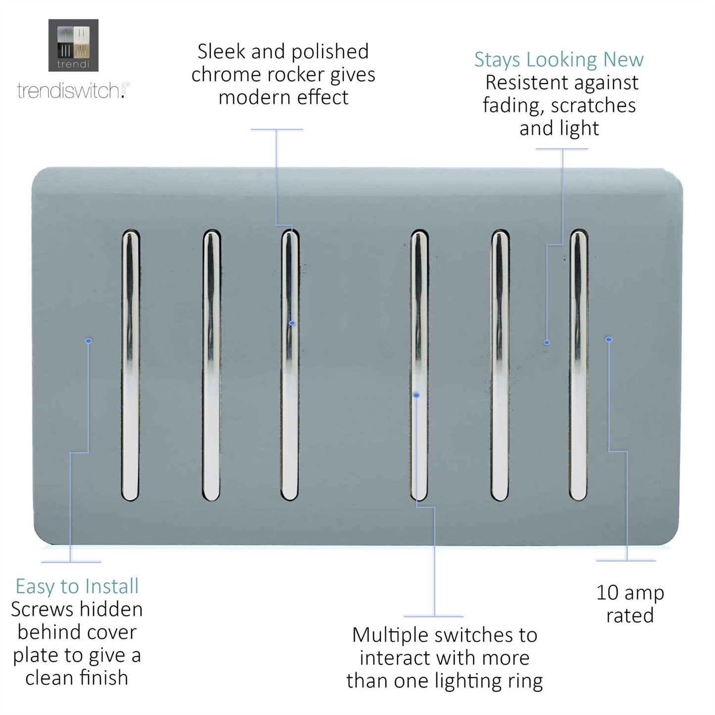 Trendi Artistic Modern Glossy 6 Gang 2 Way Rocker Double Plate Tactile Light Switch Cool Grey