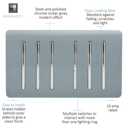 Trendi Artistic Modern Glossy 6 Gang 2 Way Rocker Double Plate Tactile Light Switch Cool Grey