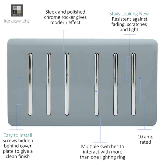 Trendi Artistic Modern Glossy 6 Gang 2 Way Rocker Double Plate Tactile Light Switch Cool Grey