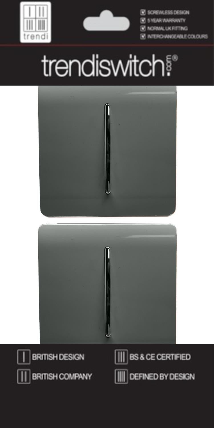 Trendi 1 Gang 2 Way 240V Screwless Artistic Modern Glossy 10 Amp Chrome Rocker Electrical Wall Light Switch in Charcoal Grey (2 PACK)