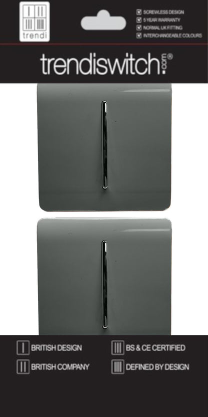 Trendi 1 Gang 2 Way 240V Screwless Artistic Modern Glossy 10 Amp Chrome Rocker Electrical Wall Light Switch in Charcoal Grey (2 PACK)