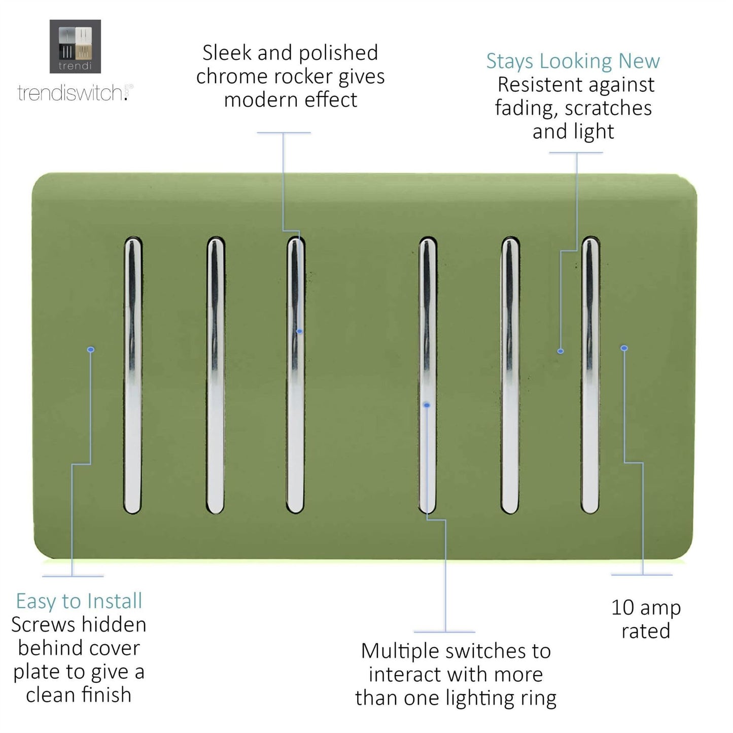 Trendi Artistic Modern Glossy 6 Gang 2 Way Rocker Double Plate Tactile Light Switch Moss Green