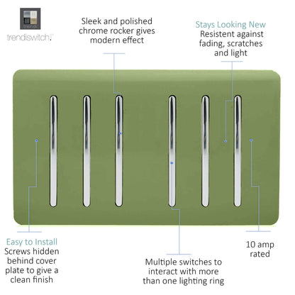 Trendi Artistic Modern Glossy 6 Gang 2 Way Rocker Double Plate Tactile Light Switch Moss Green