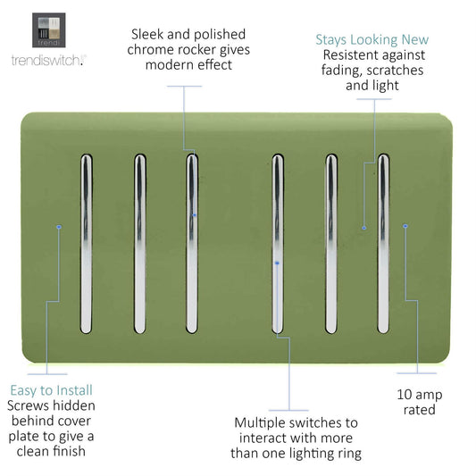 Trendi Artistic Modern Glossy 6 Gang 2 Way Rocker Double Plate Tactile Light Switch Moss Green