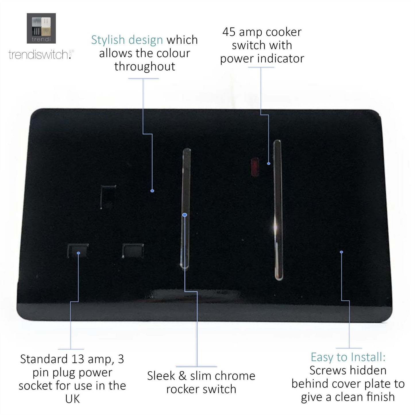 Trendi Artistic Modern 45 A Cooker Switch Inc Plug Socket & Neon Insert Black