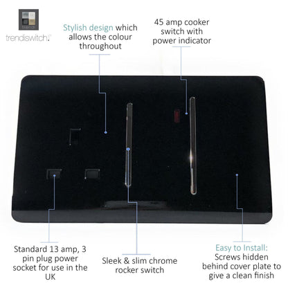 Trendi Artistic Modern 45 A Cooker Switch Inc Plug Socket & Neon Insert Black