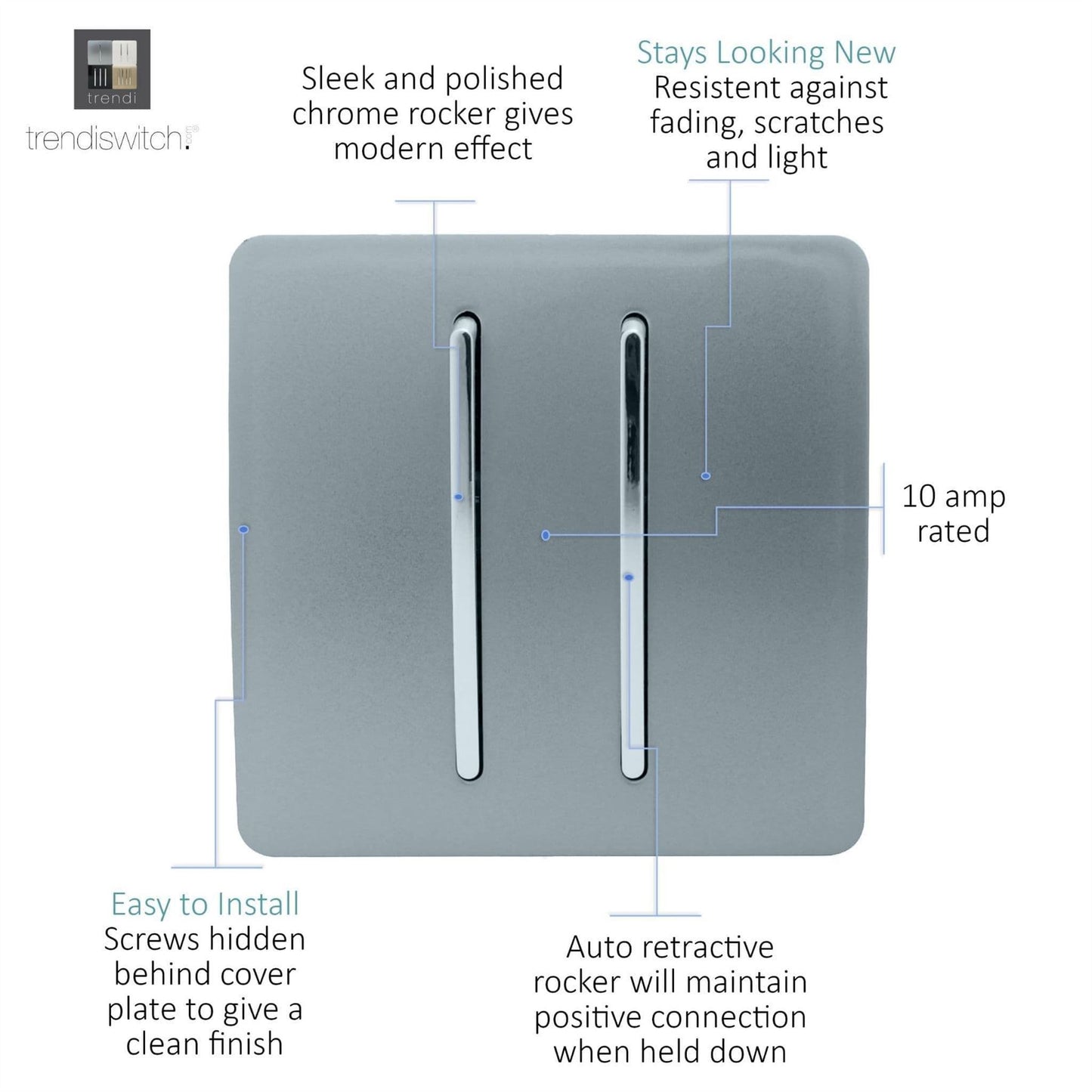 Trendi 2 Gang Artistic Modern Glossy Tactile Home Automation Switch Cool Grey