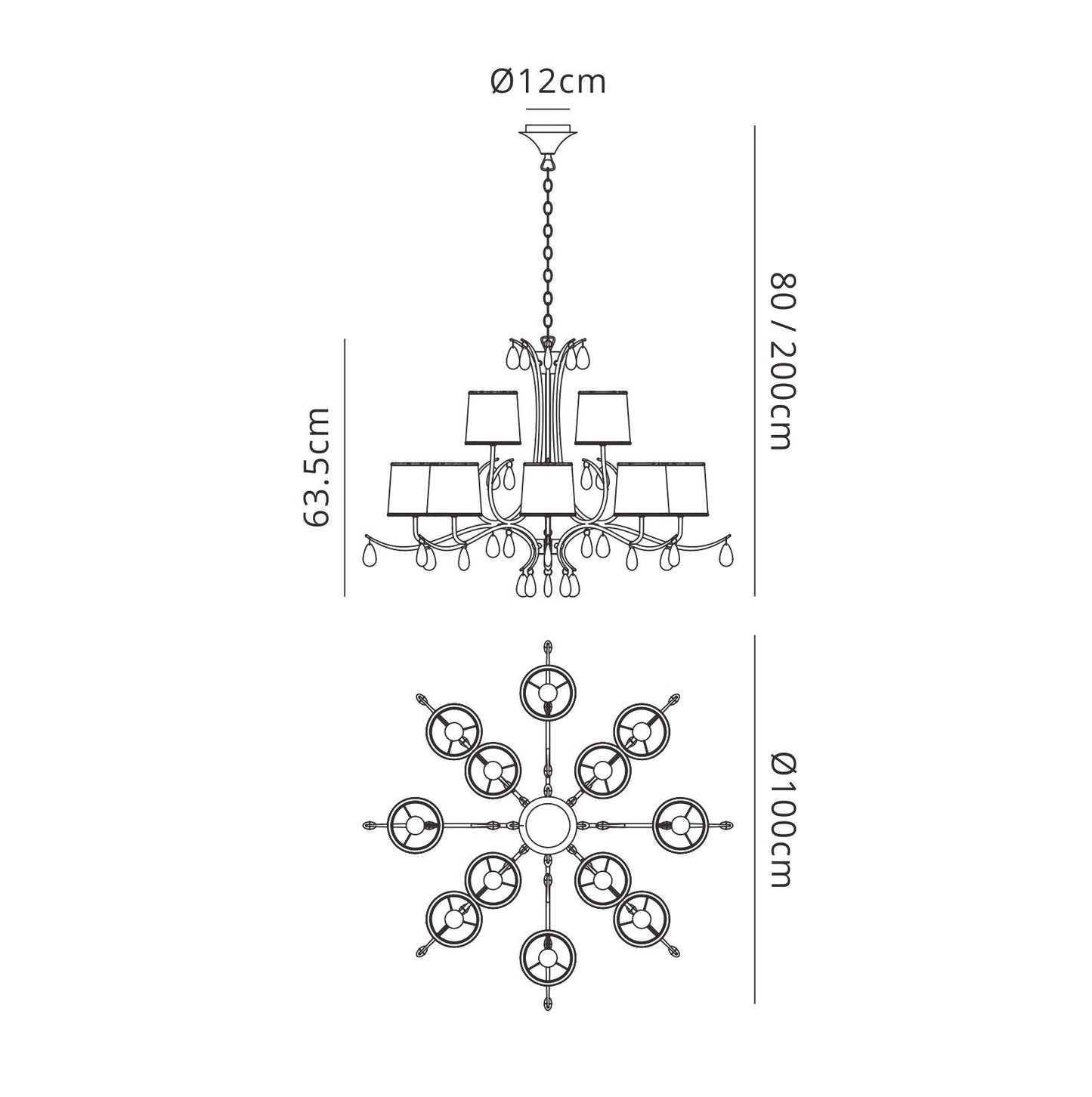 Mantra M6330 Andrea Pendant 100cm Round, 8+4 x E14 (Max 20W), Antique Brass, White Shades, White Crystal Droplets