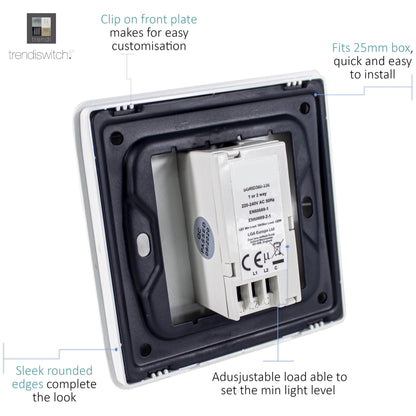 Trendi 1 Gang 2 Way 100w LED Dimmer Screwless 10 Amp Wall Light Switch in Matt White - ART-LDMMWH