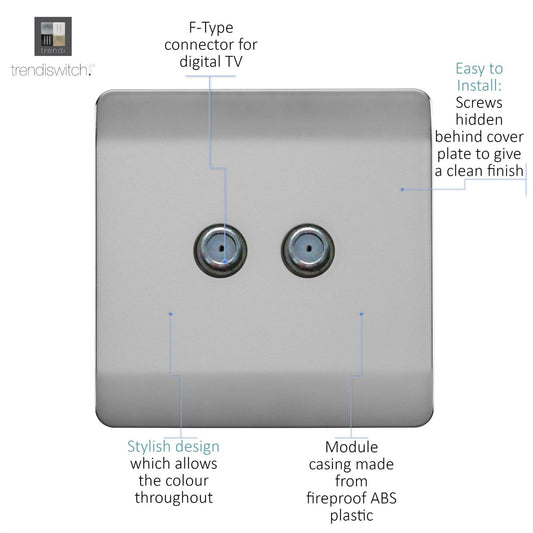 Trendi Switch 2 Gang Male F-Type Satellite Television Socket in Steel