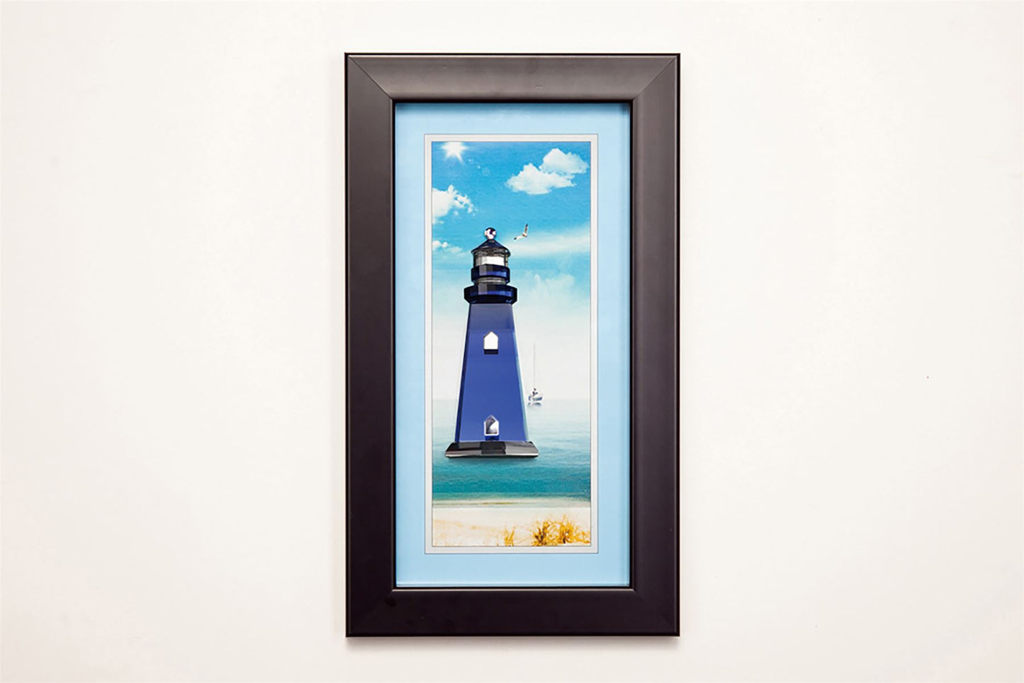 Diyas Home Crystal Wall Art (DH) Aqua Lighthouse, Black Frame, Clear, Blue Crystal