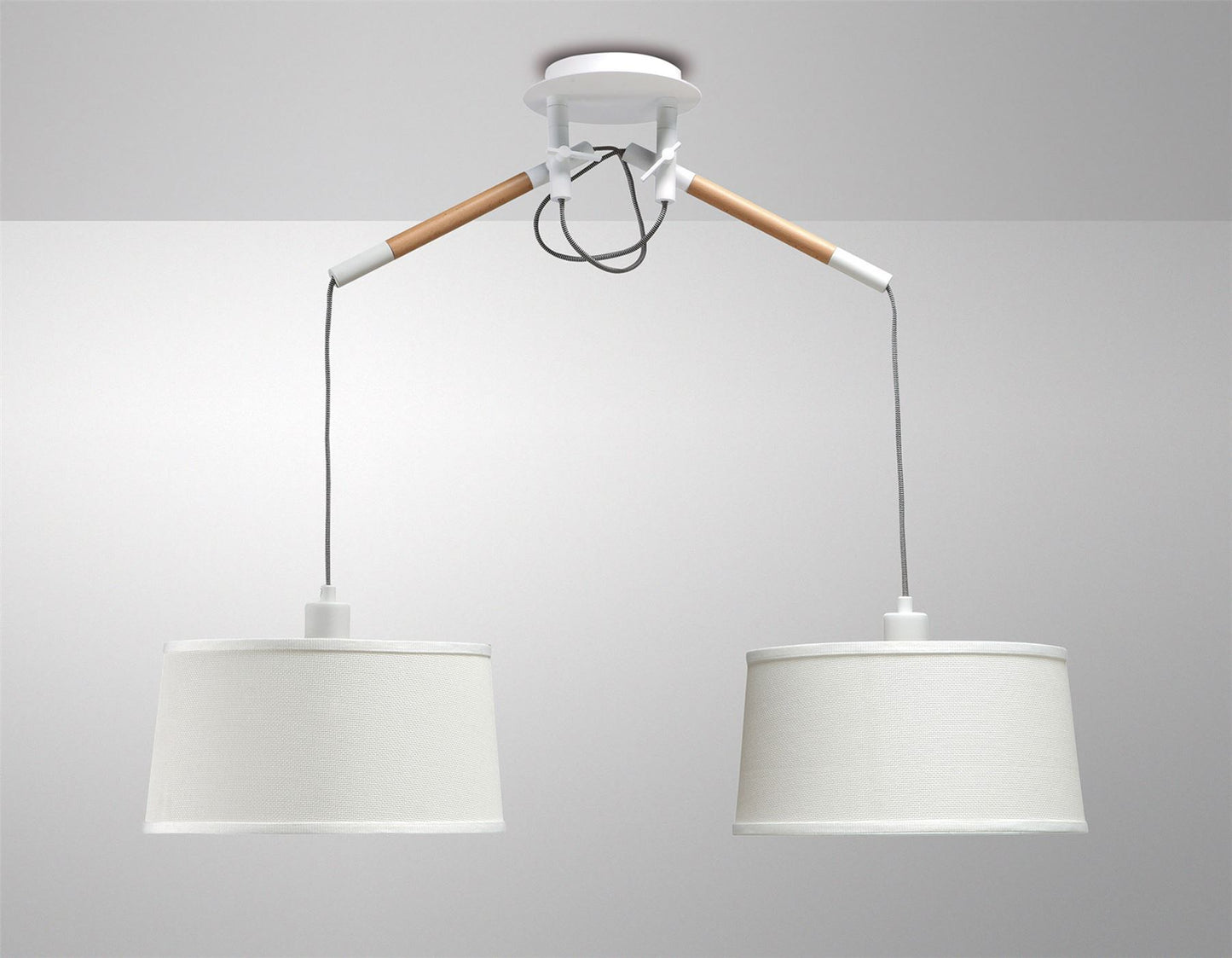 Mantra M4930 Nordica Linear Pendant with White Shade 2 Light E27, Matt White/Beech with Ivory White Shades
