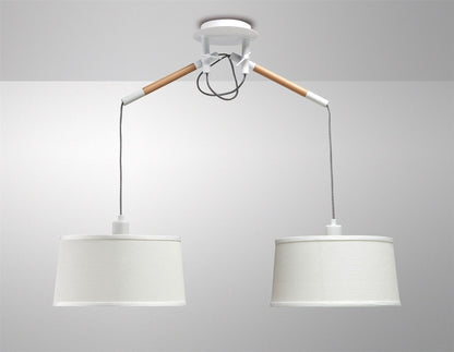 Mantra M4930 Nordica Linear Pendant with White Shade 2 Light E27, Matt White/Beech with Ivory White Shades