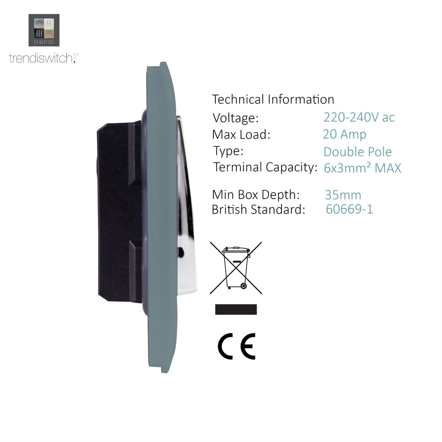 Trendi Artistic Modern Glossy 20 A Tactile Light Switch & Neon Insert Cool Grey