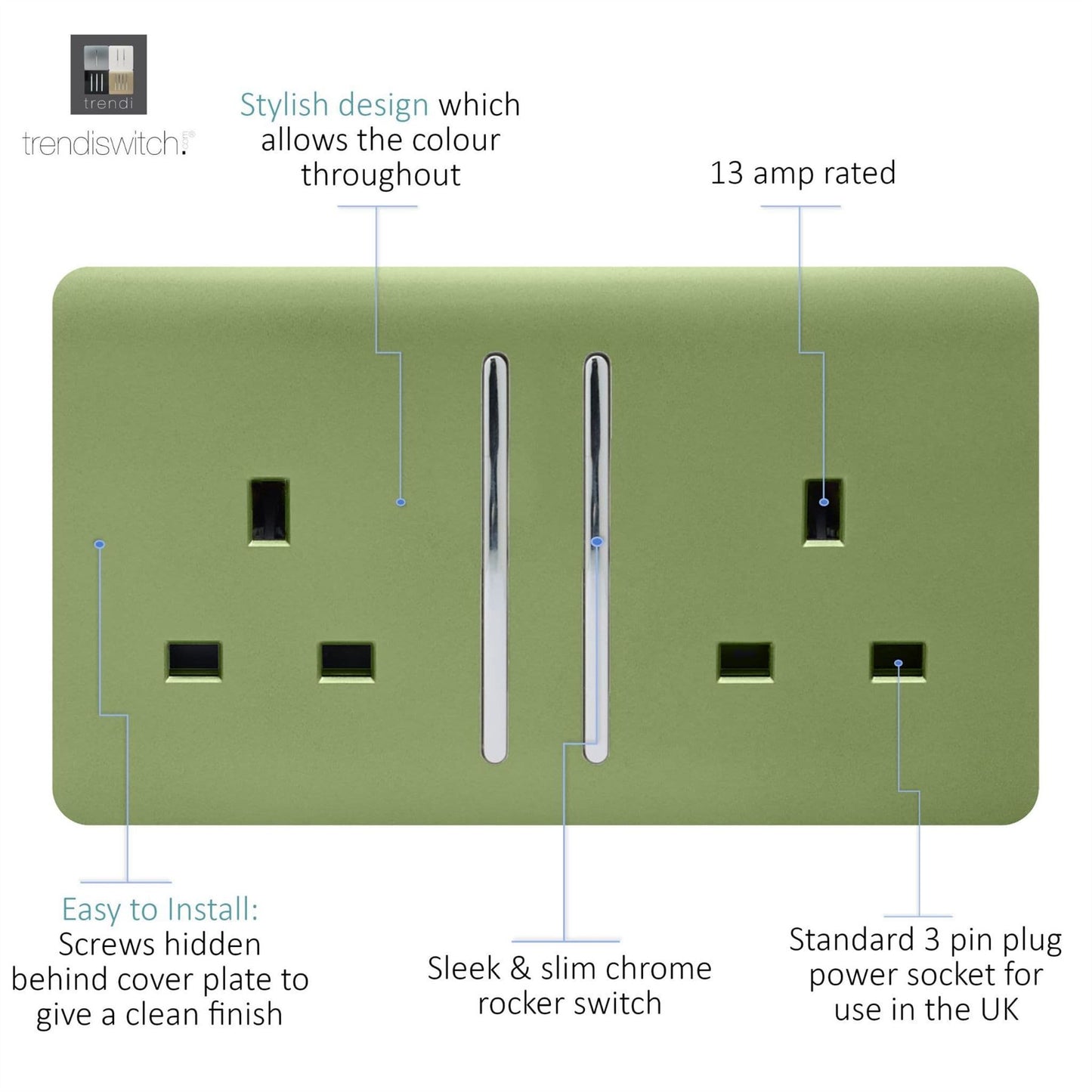 Trendi 2 Gang Raised Artistic Modern Glossy Screwless 13 Amp Single Pole with Chrome Switched UK Standard Electrical Double Wall Plug Socket in Moss Green - ART-SKT213LMG