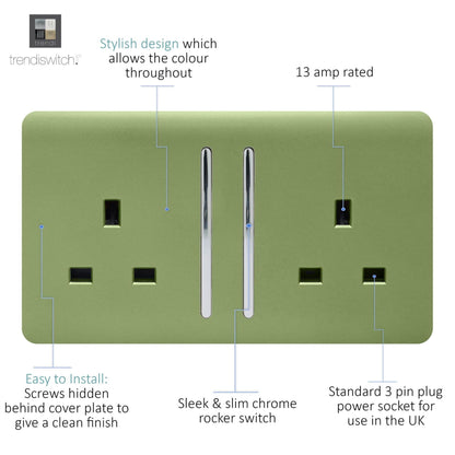 Trendi 2 Gang Raised Artistic Modern Glossy Screwless 13 Amp Single Pole with Chrome Switched UK Standard Electrical Double Wall Plug Socket in Moss Green - ART-SKT213LMG